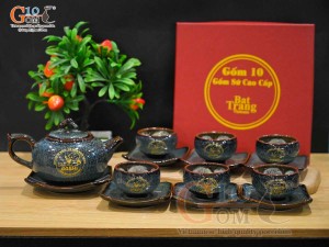 Bộ ấm chén dáng quả hồng men hỏa biến chén lòng hoa in logo quà tặng, 350ml