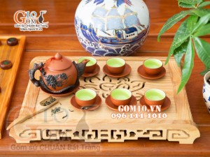 Bộ ấm chén gốm tử sa đắp nổi hoa Phù Dung đen đỏ, 380ml