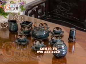 Bộ ấm chén men hoả biến rêu - chén lòng hoa đầy đủ phụ kiện