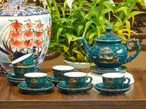 Bộ ấm chén phú quý men màu cảnh Thuận Buồm Xuôi Gió vẽ vàng 24k , 350ml