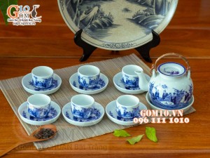 Bộ ấm chén vung lõm quai đồng men lam cổ, cảnh Trúc lâm thất hiền 350ml