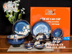 Bộ đồ ăn men hỏa biến xanh đá khắc Sen, 11 chi tiết