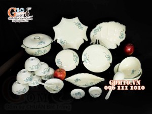 Bộ đồ ăn men kem vẽ hoa Sen Xanh, chỉ xanh - 19 chi tiết