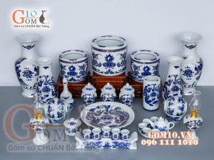 Bộ đồ thờ họa tiết Rồng Phúc Lộc Thọ xanh kim đầy đủ