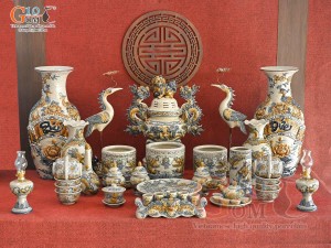Bộ đồ thờ Hỷ Sự Nạp Phúc men rạn đắp nổi Rồng cao cấp 04