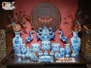 Bộ đồ thờ Như Ý Cát Tường men lam cổ cao cấp 05, cả đỉnh hạc