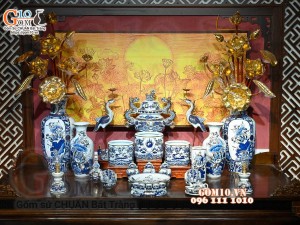 Bộ đồ thờ Như Ý Cát Tường men lam cổ cao cấp, vẽ vàng 24k