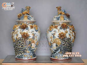 Đôi choé men rạn đắp nổi Công Đào Phú Quý cao cấp, 50L