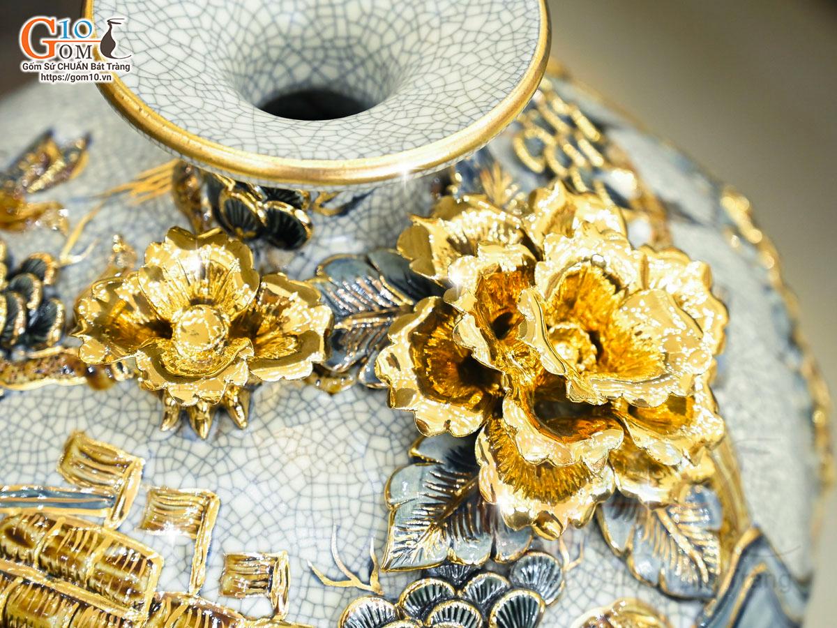 Bình hút lộc men rạn đắp nổi Thuận Buồm Xuôi Gió vẽ vàng 24k, cao 30cm Bình hút lộc men rạn đắp nổi Thuận Buồm Xuôi Gió vẽ vàng 24k, cao 30cm