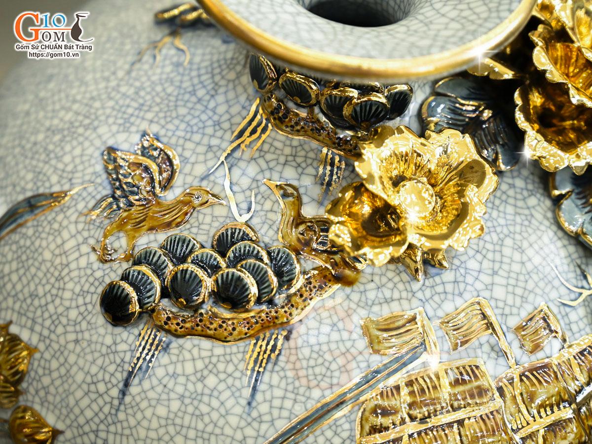 Bình hút lộc men rạn đắp nổi Thuận Buồm Xuôi Gió vẽ vàng 24k, cao 30cm Bình hút lộc men rạn đắp nổi Thuận Buồm Xuôi Gió vẽ vàng 24k, cao 30cm