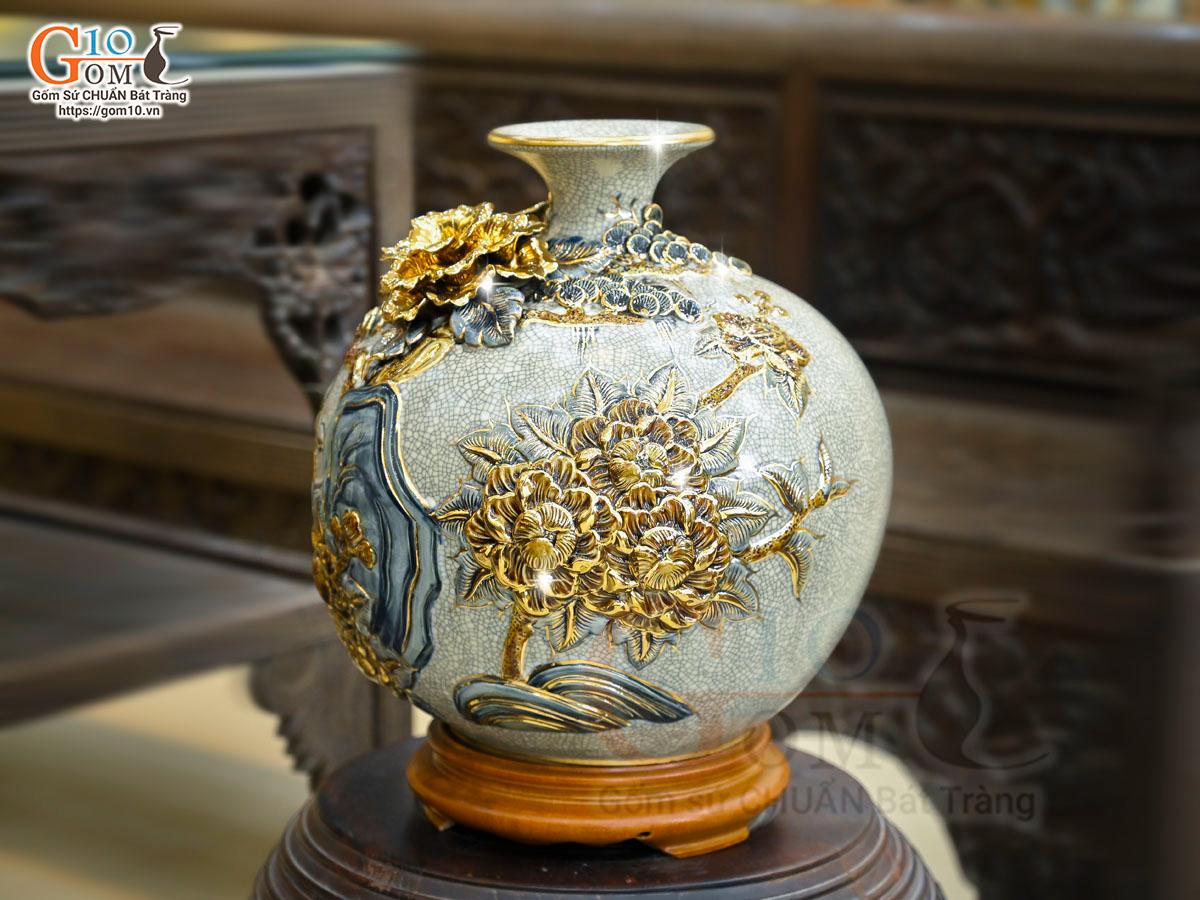 Bình hút lộc men rạn đắp nổi Thuận Buồm Xuôi Gió vẽ vàng 24k, cao 30cm Bình hút lộc men rạn đắp nổi Thuận Buồm Xuôi Gió vẽ vàng 24k, cao 30cm