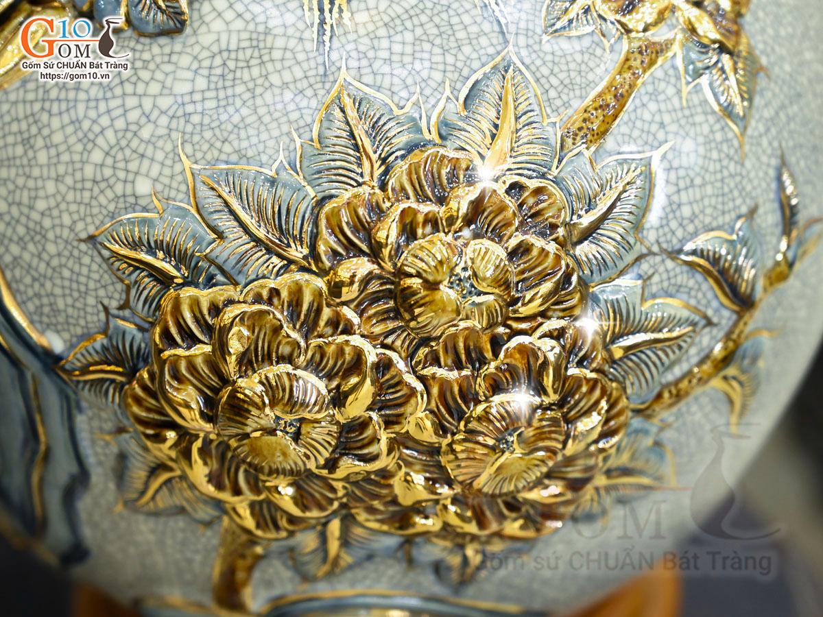 Bình hút lộc men rạn đắp nổi Thuận Buồm Xuôi Gió vẽ vàng 24k, cao 30cm