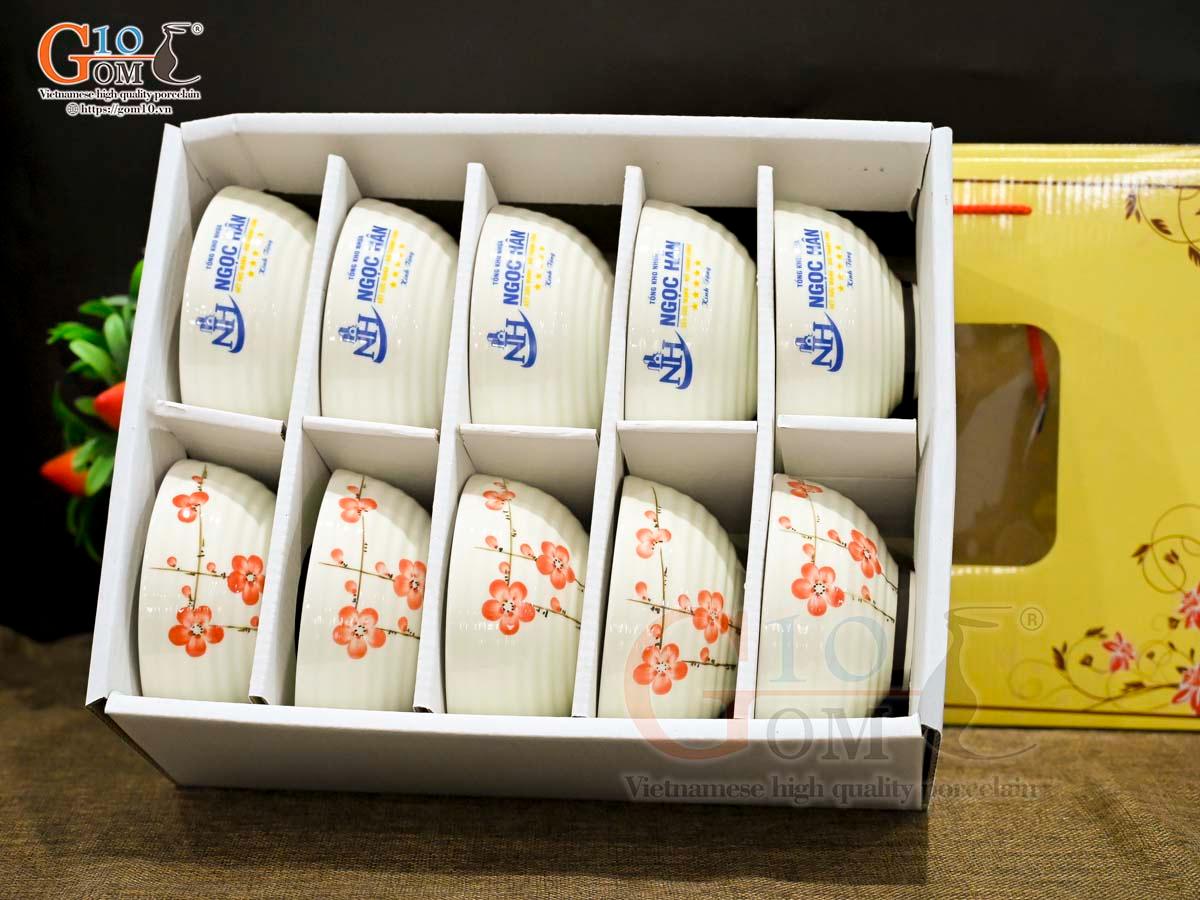 Bộ 10 bát cơm men kem vẽ hoa đào đỏ, in logo Bộ 10 bát cơm men kem vẽ hoa đào đỏ, in logo