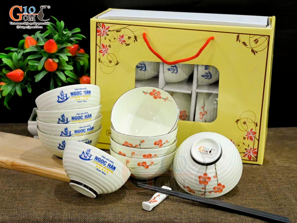 Bộ 10 bát cơm men kem vẽ hoa đào đỏ, in logo Bộ 10 bát cơm men kem vẽ hoa đào đỏ, in logo