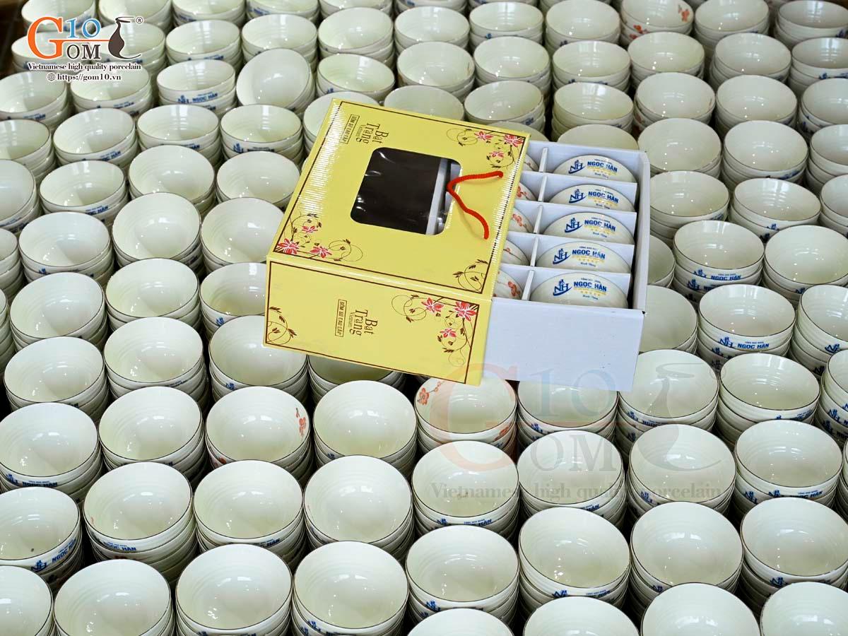 Bộ 10 bát cơm men kem vẽ hoa đào đỏ, in logo Bộ 10 bát cơm men kem vẽ hoa đào đỏ, in logo