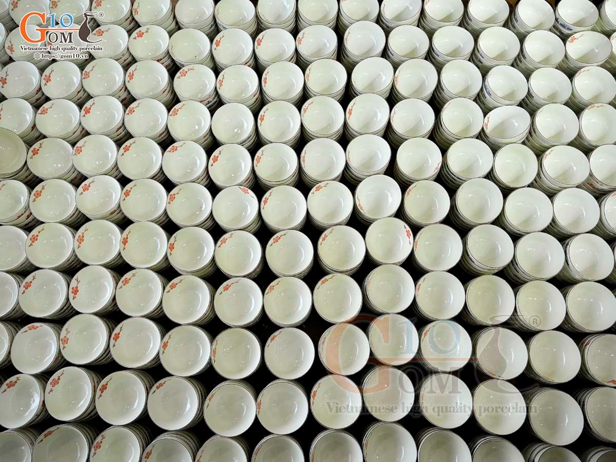 Bộ 10 bát cơm men kem vẽ hoa đào đỏ, in logo