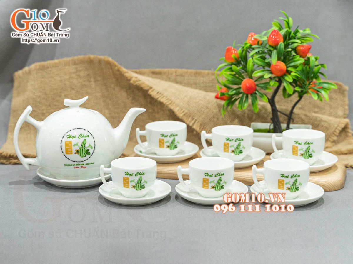 Bộ ấm chén dáng bưởi cành men trắng in logo VTV, 600ml Bộ ấm chén dáng bưởi cành men trắng in logo VTV, 600ml