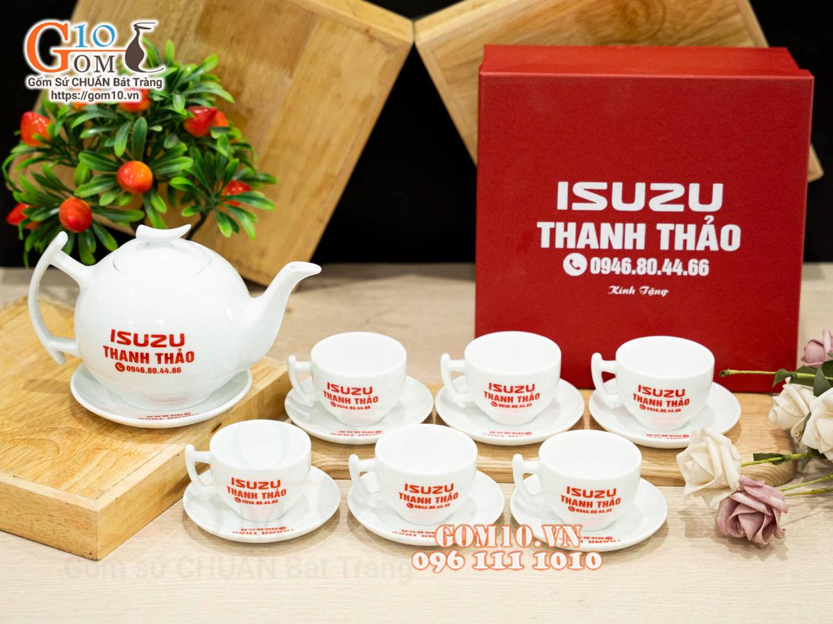 Bộ ấm chén dáng bưởi cành men trắng in logo VTV, 600ml Bộ ấm chén dáng bưởi cành men trắng in logo VTV, 600ml