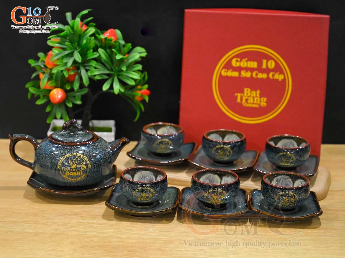 Bộ ấm chén dáng quả hồng men hỏa biến chén lòng hoa in logo quà tặng, 350ml Bộ ấm chén dáng quả hồng men hỏa biến chén lòng hoa in logo quà tặng, 350ml