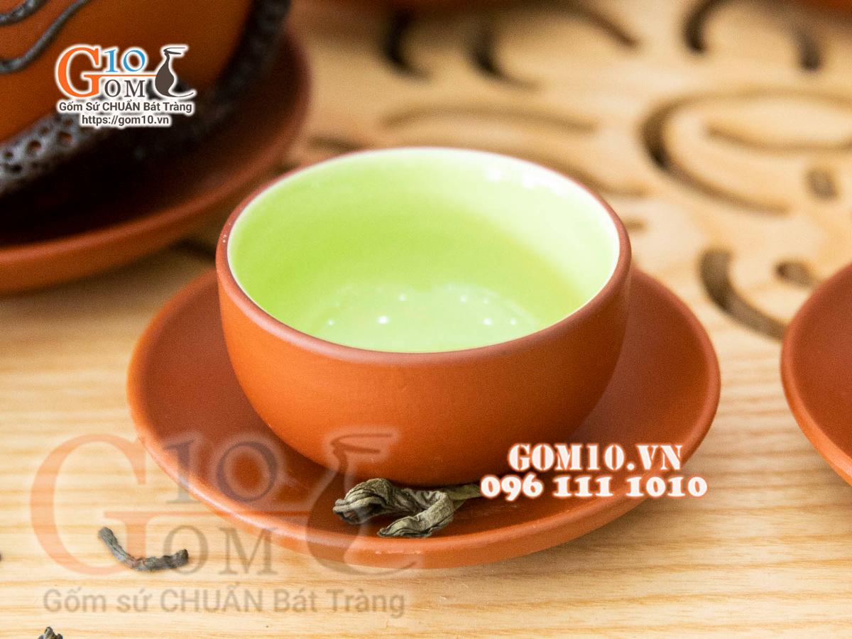 Bộ ấm chén gốm tử sa đắp nổi hoa Phù Dung đen đỏ, 380ml