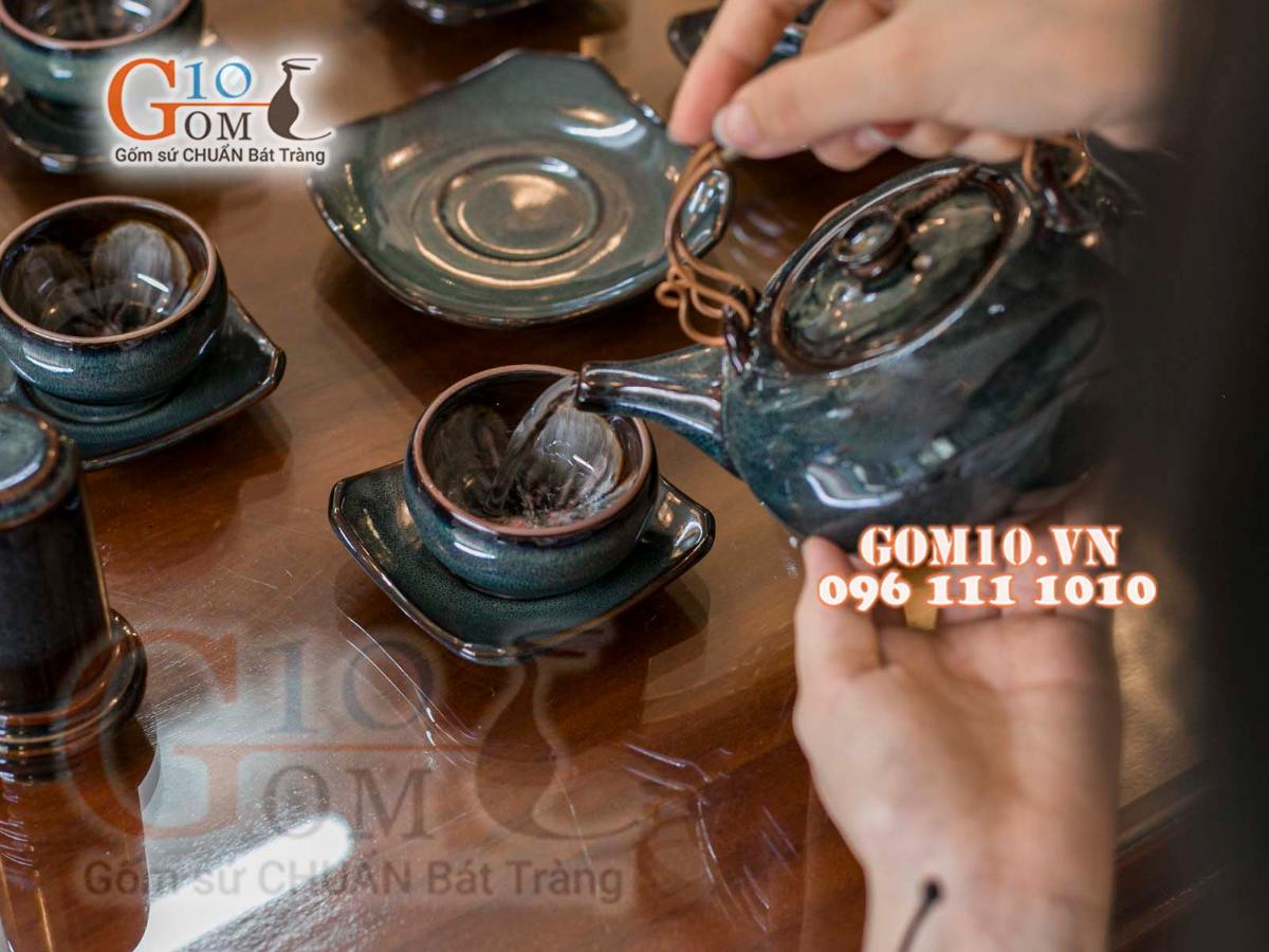 Bộ ấm chén men hoả biến rêu - chén lòng hoa đầy đủ phụ kiện