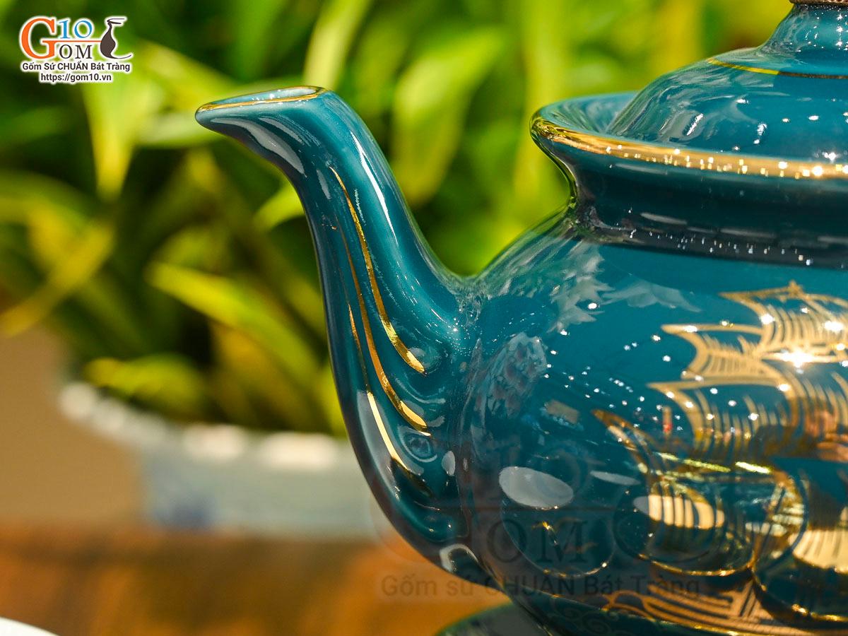 Bộ ấm chén phú quý men màu cảnh Thuận Buồm Xuôi Gió vẽ vàng 24k , 350ml Bộ ấm chén phú quý men màu cảnh Thuận Buồm Xuôi Gió vẽ vàng 24k , 350ml