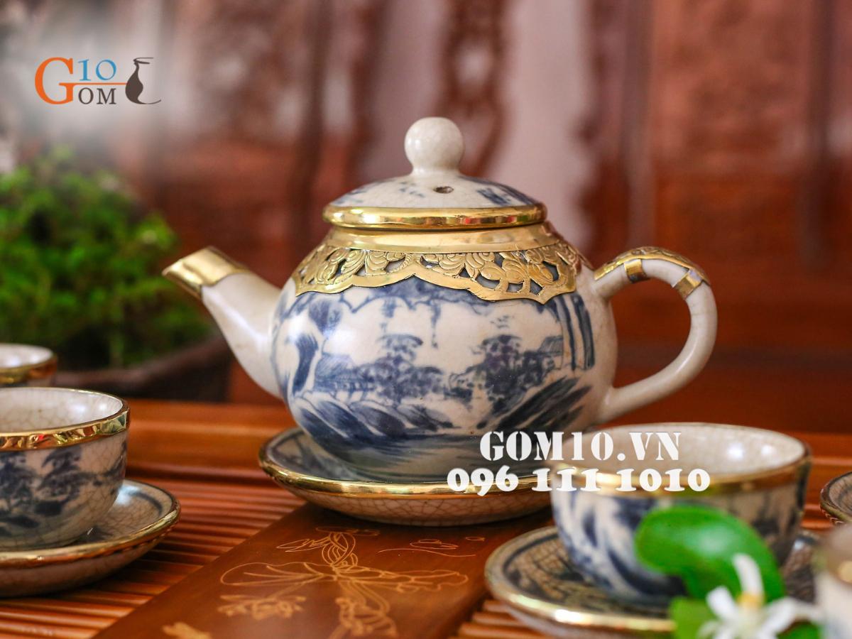 Bộ ấm chén quả hồng men rạn giả cổ bọc đồng, 290ml