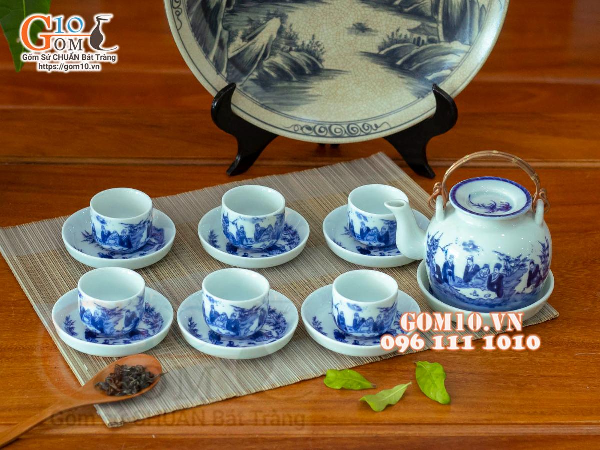 Bộ ấm chén vung lõm quai đồng men lam cổ, cảnh Trúc lâm thất hiền 350ml Bộ ấm chén vung lõm quai đồng men lam cổ, cảnh Trúc lâm thất hiền 350ml