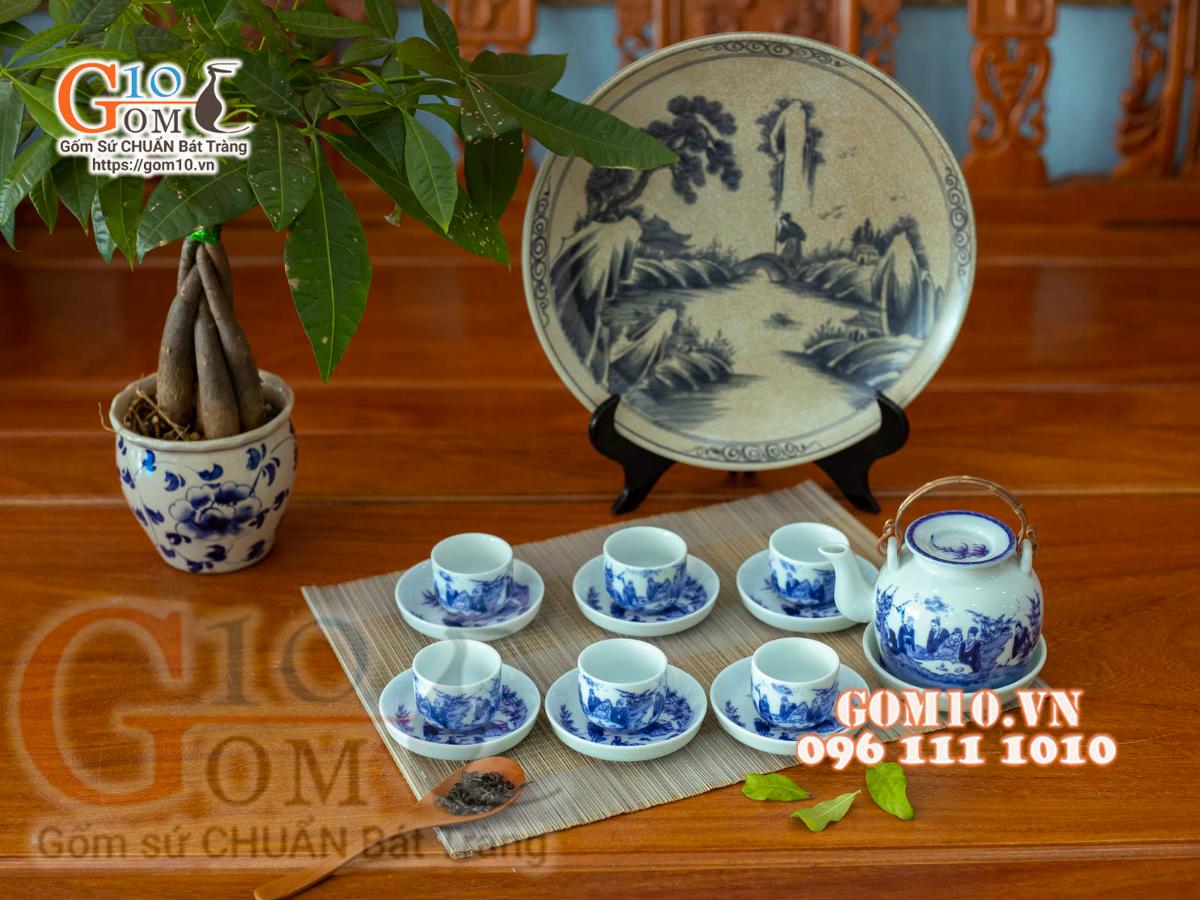 Bộ ấm chén vung lõm quai đồng men lam cổ, cảnh Trúc lâm thất hiền 350ml Bộ ấm chén vung lõm quai đồng men lam cổ, cảnh Trúc lâm thất hiền 350ml