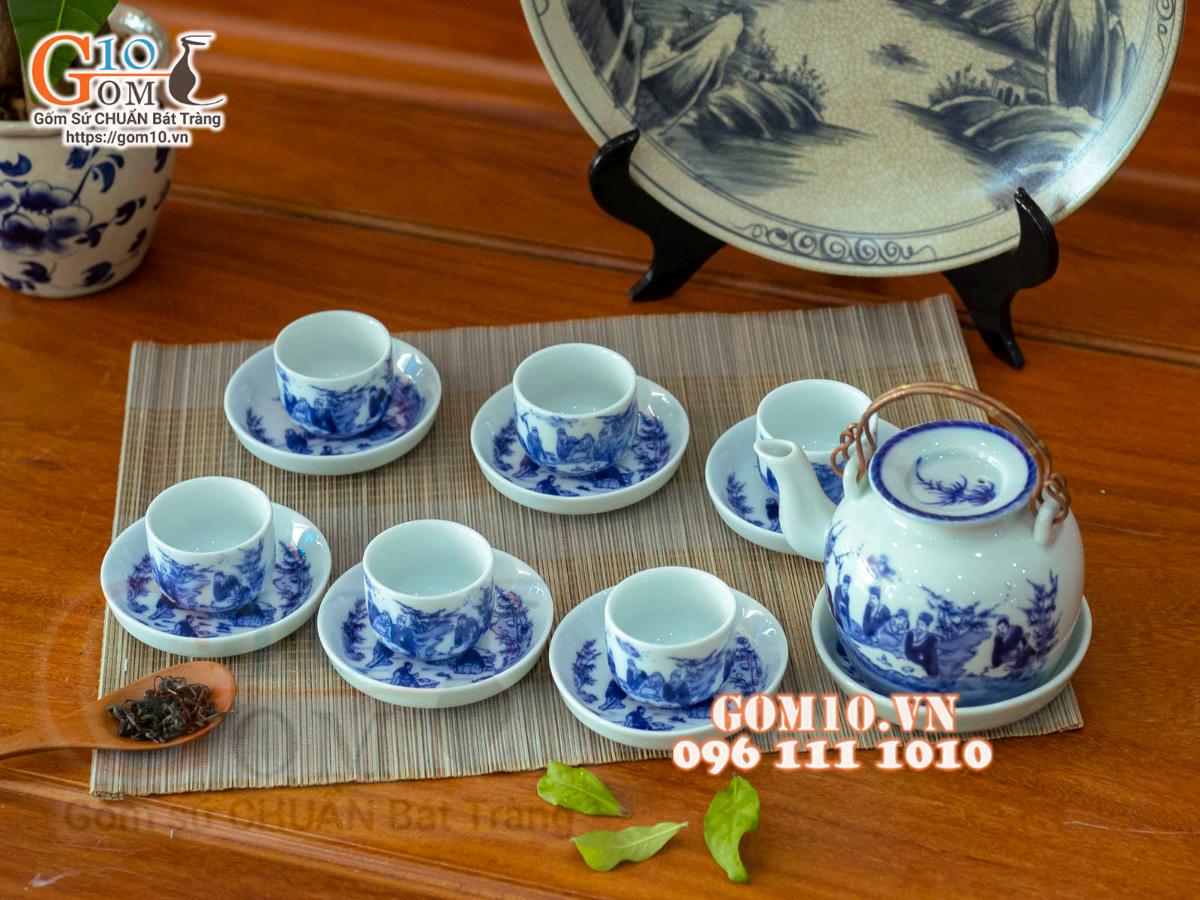 Bộ ấm chén vung lõm quai đồng men lam cổ, cảnh Trúc lâm thất hiền 350ml Bộ ấm chén vung lõm quai đồng men lam cổ, cảnh Trúc lâm thất hiền 350ml