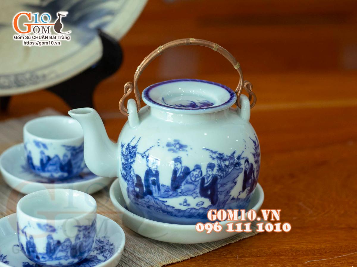 Bộ ấm chén vung lõm quai đồng men lam cổ, cảnh Trúc lâm thất hiền 350ml Bộ ấm chén vung lõm quai đồng men lam cổ, cảnh Trúc lâm thất hiền 350ml