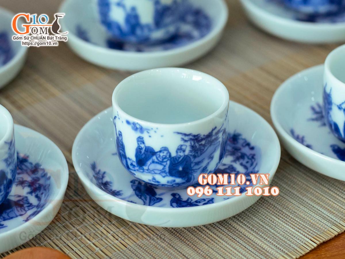 Bộ ấm chén vung lõm quai đồng men lam cổ, cảnh Trúc lâm thất hiền 350ml