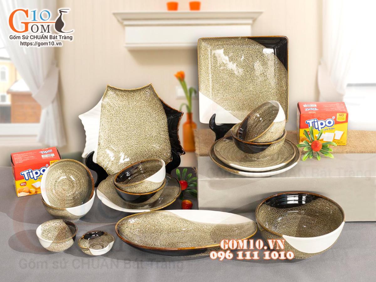 Bộ đồ ăn men hỏa biến gấm vàng Cát Tường, 15 chi tiết Bộ đồ ăn men hỏa biến gấm vàng Cát Tường, 15 chi tiết