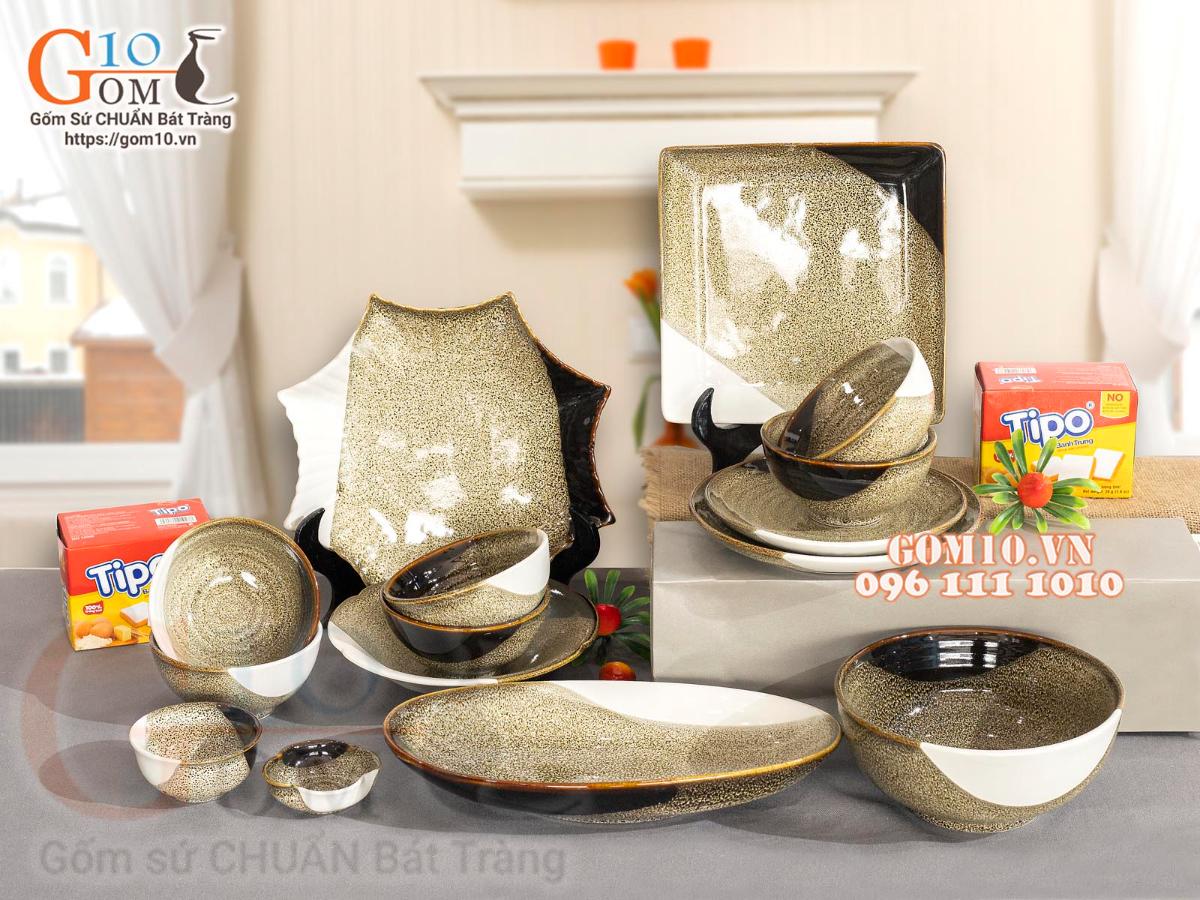 Bộ đồ ăn men hỏa biến gấm vàng Cát Tường, 15 chi tiết Bộ đồ ăn men hỏa biến gấm vàng Cát Tường, 15 chi tiết