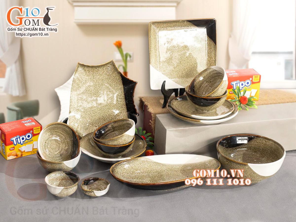 Bộ đồ ăn men hỏa biến gấm vàng Cát Tường, 15 chi tiết Bộ đồ ăn men hỏa biến gấm vàng Cát Tường, 15 chi tiết