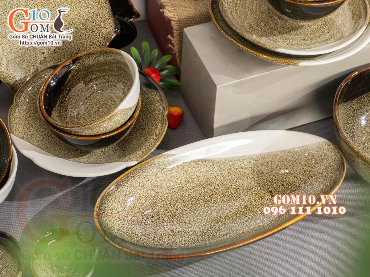 Bộ đồ ăn men hỏa biến gấm vàng Cát Tường, 15 chi tiết