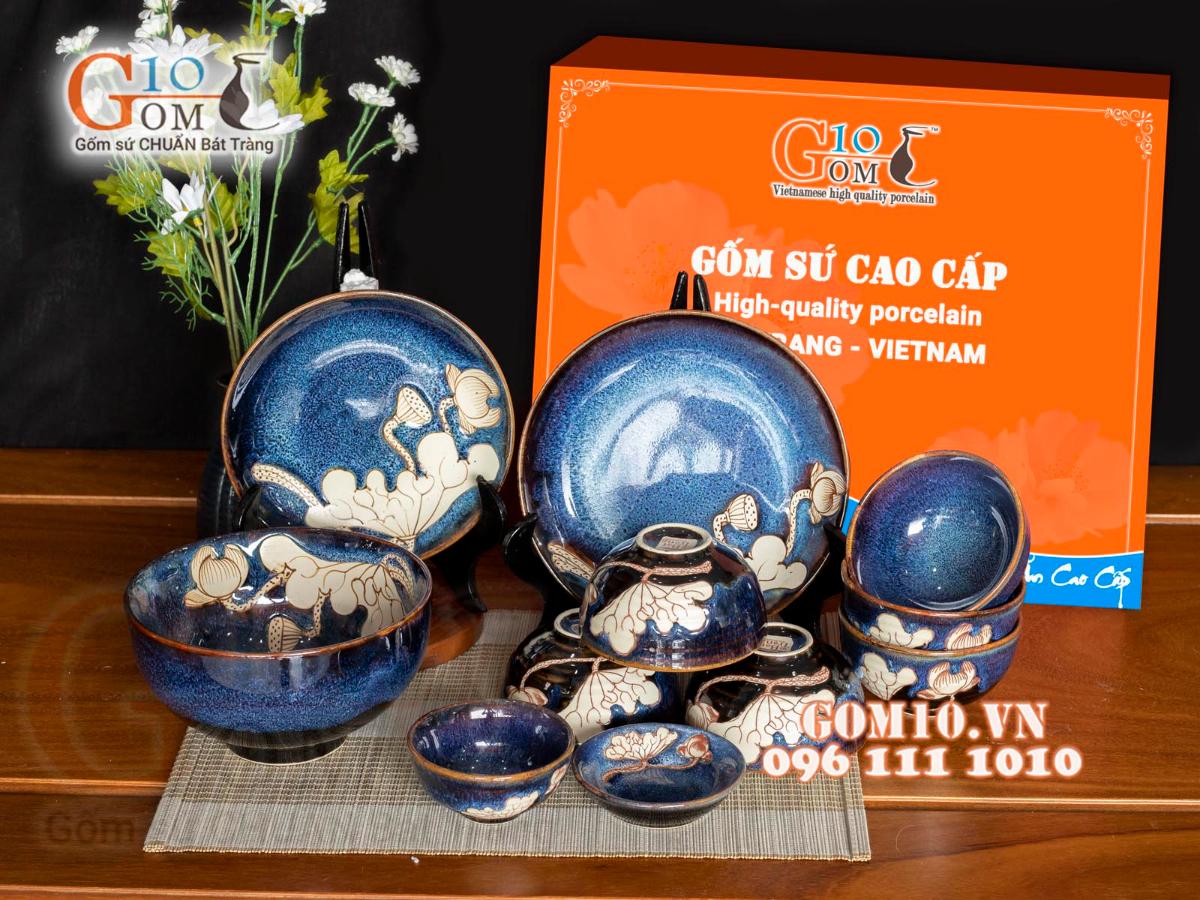 Bộ đồ ăn men hỏa biến xanh đá khắc Sen, 11 chi tiết Bộ đồ ăn men hỏa biến xanh đá khắc Sen, 11 chi tiết