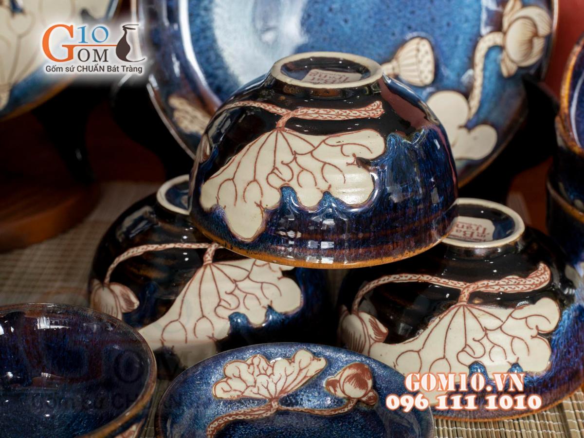 Bộ đồ ăn men hỏa biến xanh đá khắc Sen, 11 chi tiết Bộ đồ ăn men hỏa biến xanh đá khắc Sen, 11 chi tiết