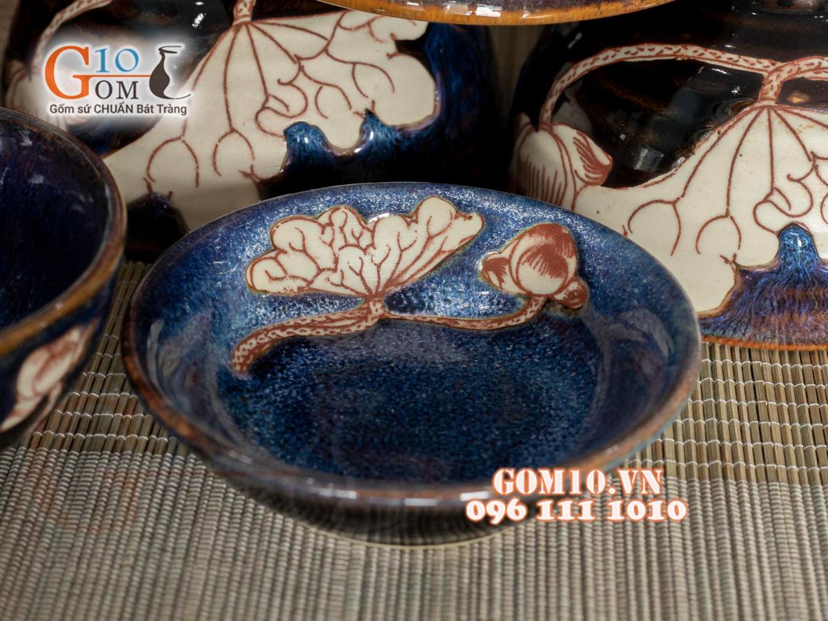 Bộ đồ ăn men hỏa biến xanh đá khắc Sen, 11 chi tiết Bộ đồ ăn men hỏa biến xanh đá khắc Sen, 11 chi tiết