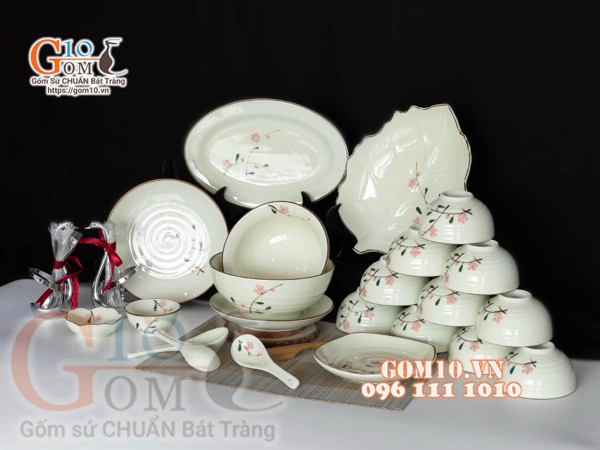 Bộ đồ ăn men kem vẽ hoa Đào phai, chỉ nâu - 22 chi tiết Bộ đồ ăn men kem vẽ hoa Đào phai, chỉ nâu - 22 chi tiết