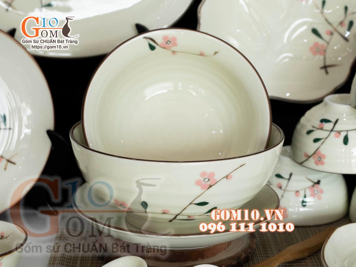 Bộ đồ ăn men kem vẽ hoa Đào phai, chỉ nâu - 22 chi tiết Bộ đồ ăn men kem vẽ hoa Đào phai, chỉ nâu - 22 chi tiết