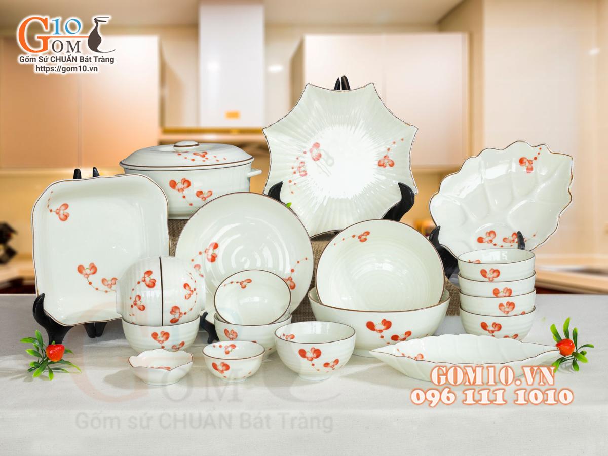 Bộ đồ ăn men kem vẽ hoa Hải Đường, 20 chi tiết Bộ đồ ăn men kem vẽ hoa Hải Đường, 20 chi tiết