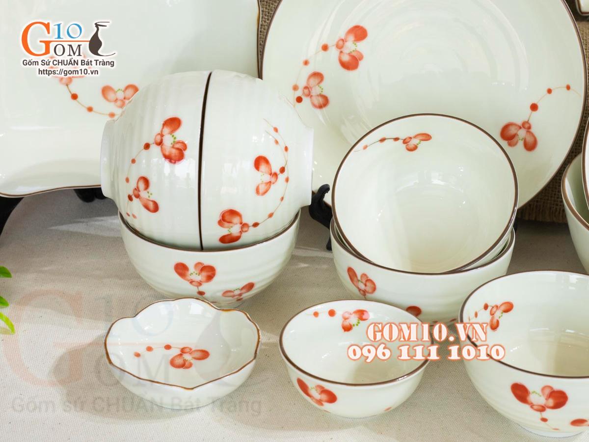 Bộ đồ ăn men kem vẽ hoa Hải Đường, 20 chi tiết Bộ đồ ăn men kem vẽ hoa Hải Đường, 20 chi tiết