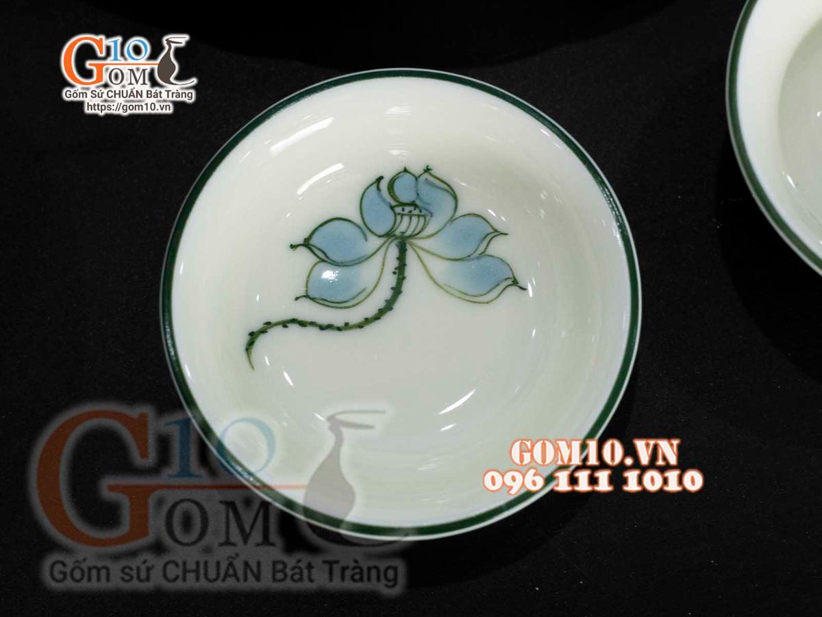 Bộ đồ ăn men kem vẽ hoa Sen Xanh, chỉ xanh - 19 chi tiết