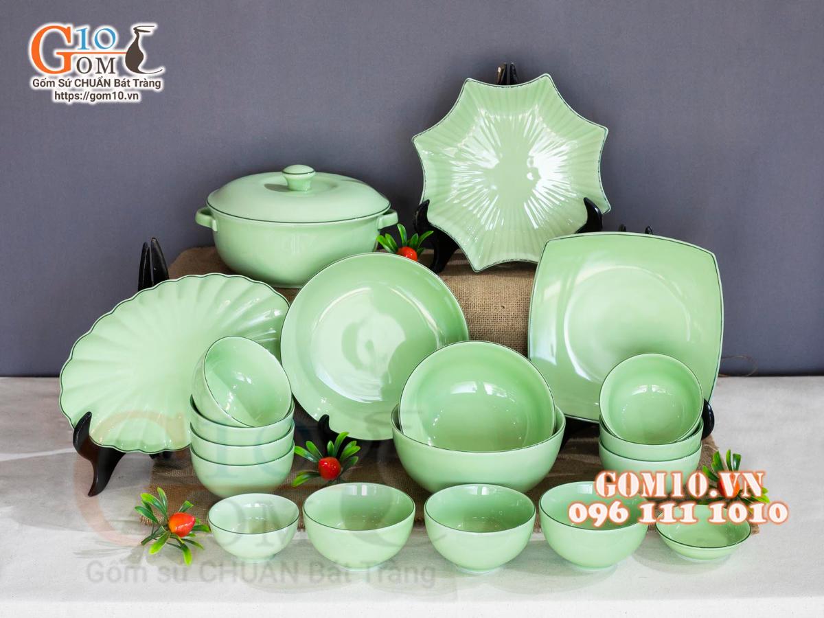 Bộ đồ ăn men ngọc, chỉ xanh Bộ đồ ăn men ngọc, chỉ xanh