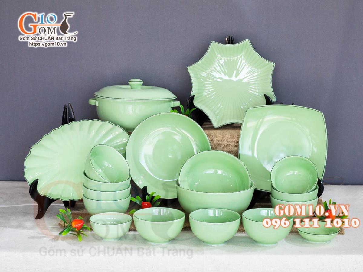 Bộ đồ ăn men ngọc, chỉ xanh Bộ đồ ăn men ngọc, chỉ xanh