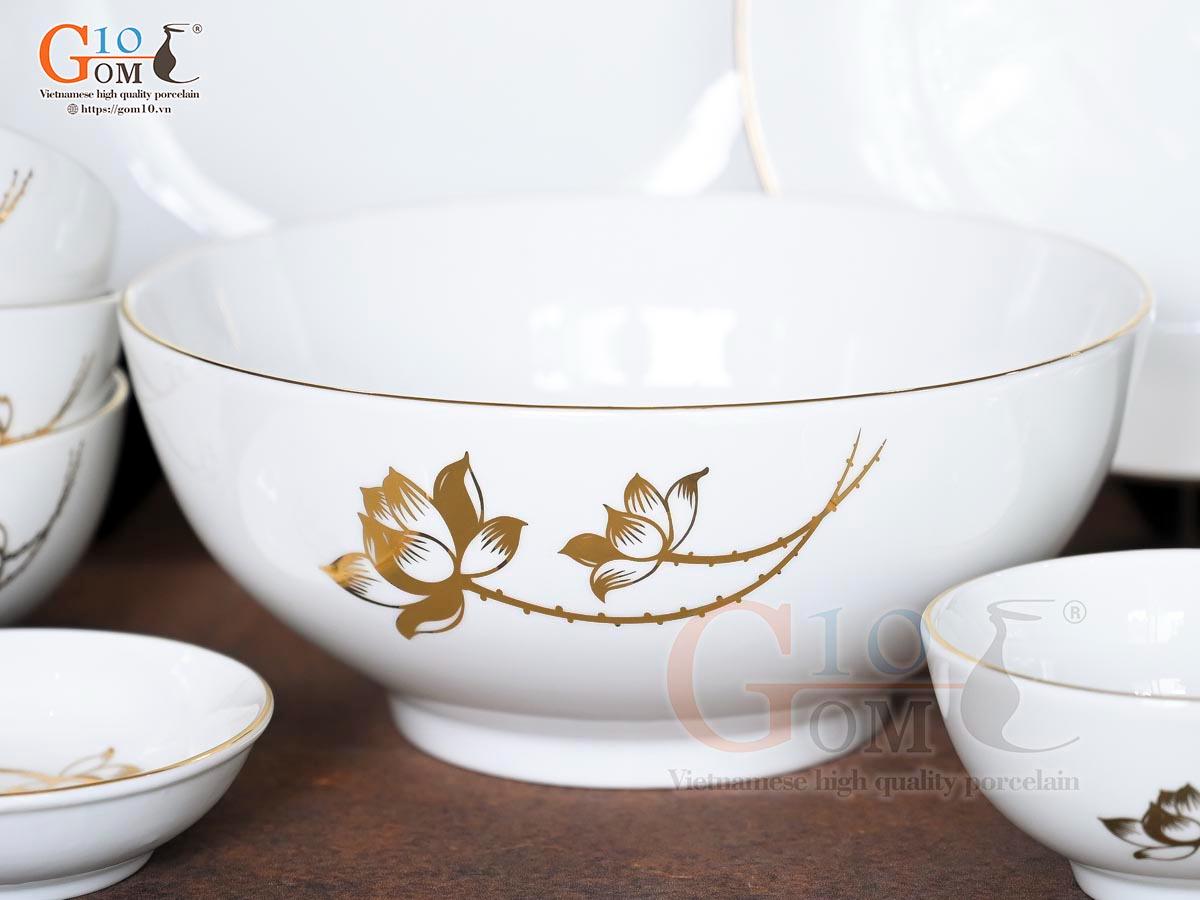 Bộ đồ ăn men trắng hoa Sen kẻ viền vàng 24k, 11 chi tiết Bộ đồ ăn men trắng hoa Sen kẻ viền vàng 24k, 11 chi tiết