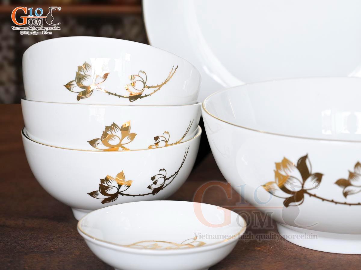 Bộ đồ ăn men trắng hoa Sen kẻ viền vàng 24k, 11 chi tiết Bộ đồ ăn men trắng hoa Sen kẻ viền vàng 24k, 11 chi tiết