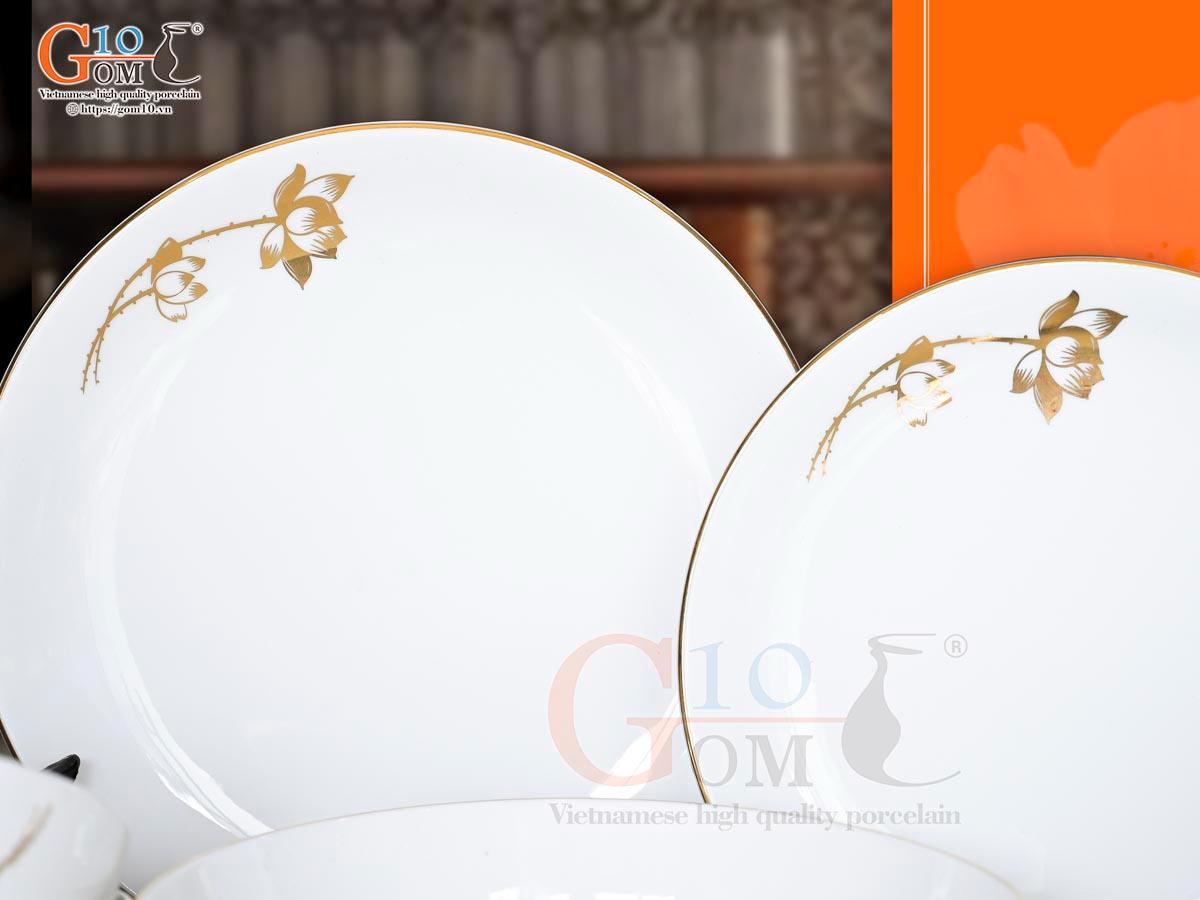 Bộ đồ ăn men trắng hoa Sen kẻ viền vàng 24k, 11 chi tiết