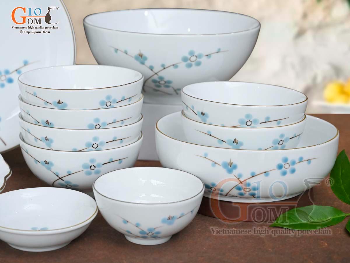 Bộ đồ ăn men trắng vẽ hoa Đào xanh, 13 chi tiết